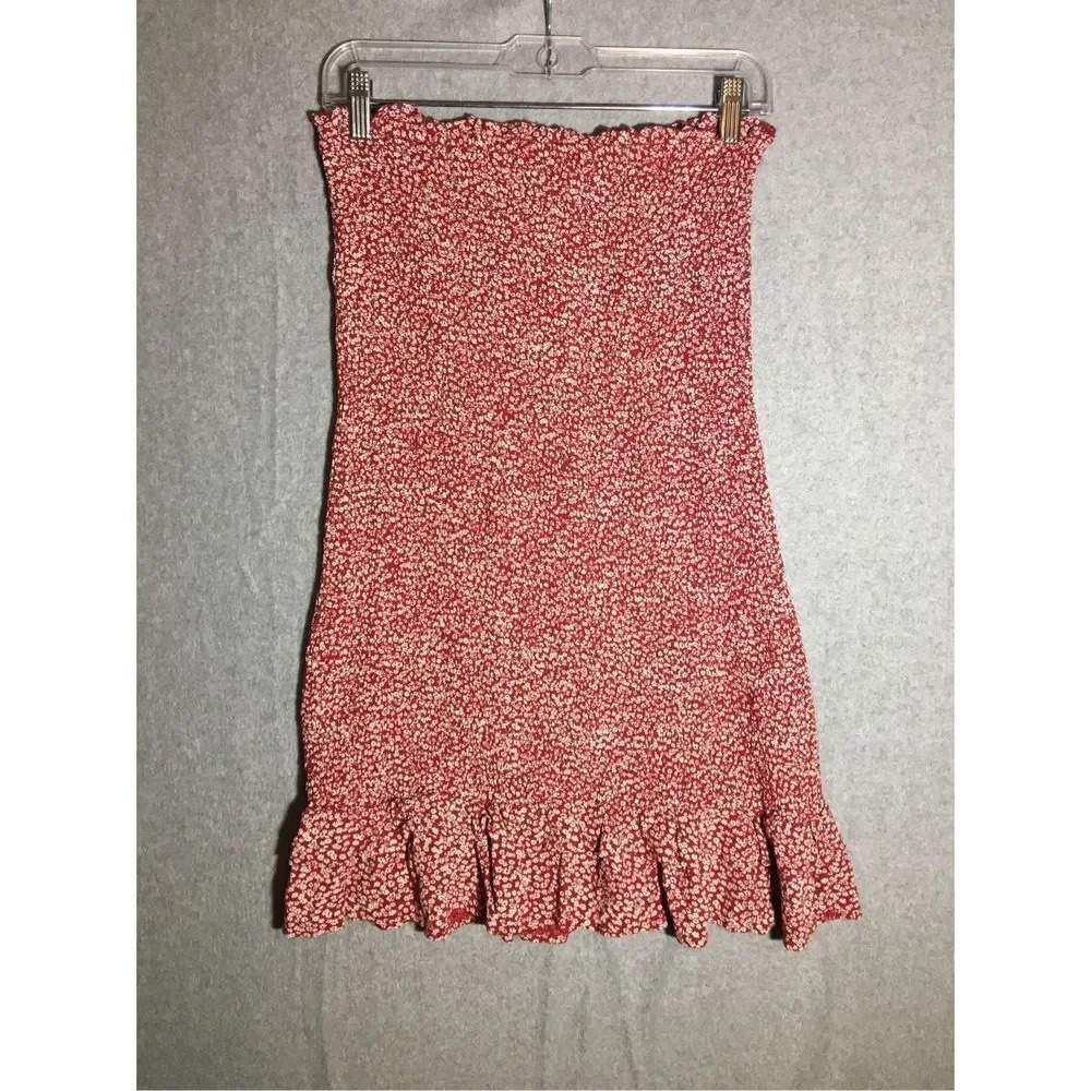 Womens American Eagle Dress Strapless Red Shirred Stretchy Ditsy Floral Ruffle
